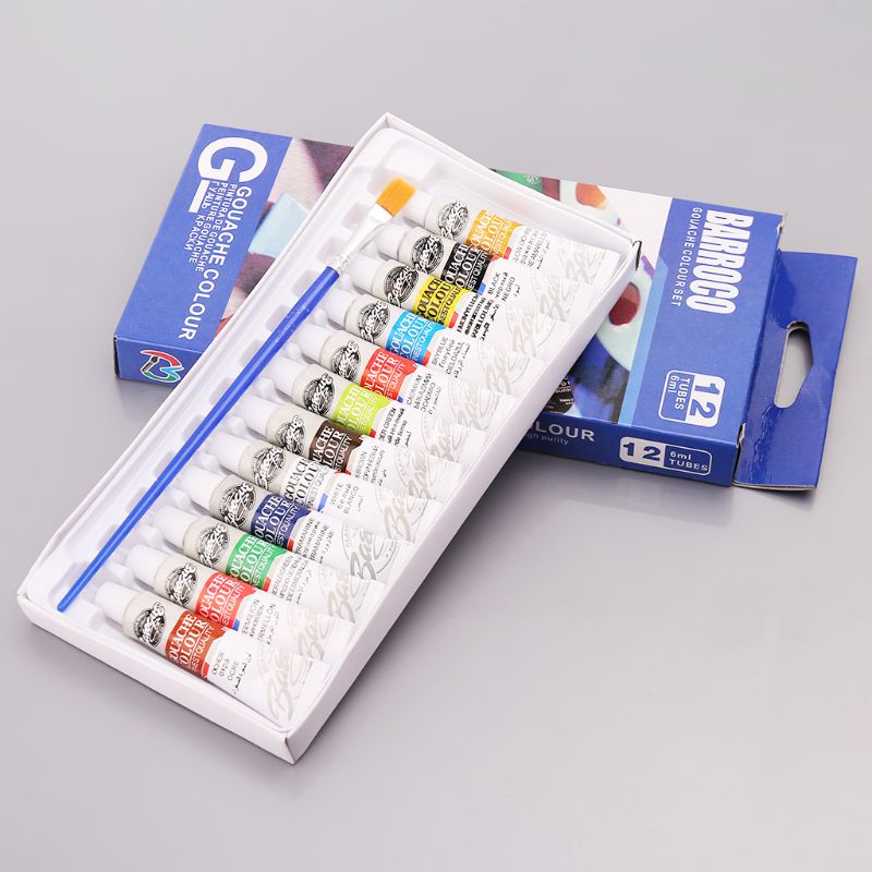 Lot de Tubes de peinture Gouache, 12 couleurs, 6ml, peinture à dessin, peinture pigmentée avec pinceau,