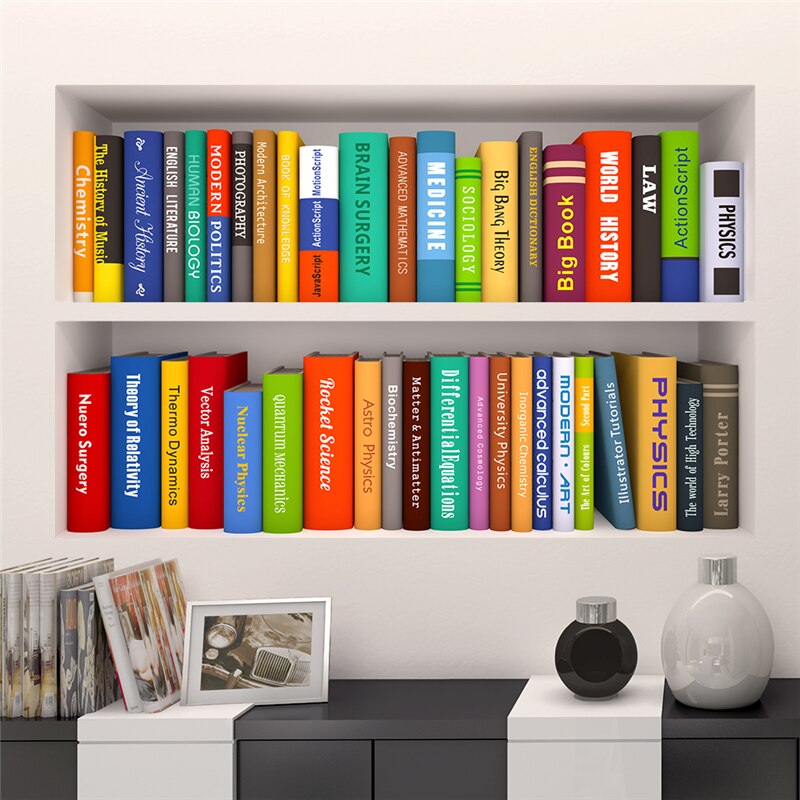 3d Bookshelf Wall Art Stickers For Office Study Room Kids Room Home Decoration Wall Mural Diy Pvc Decals