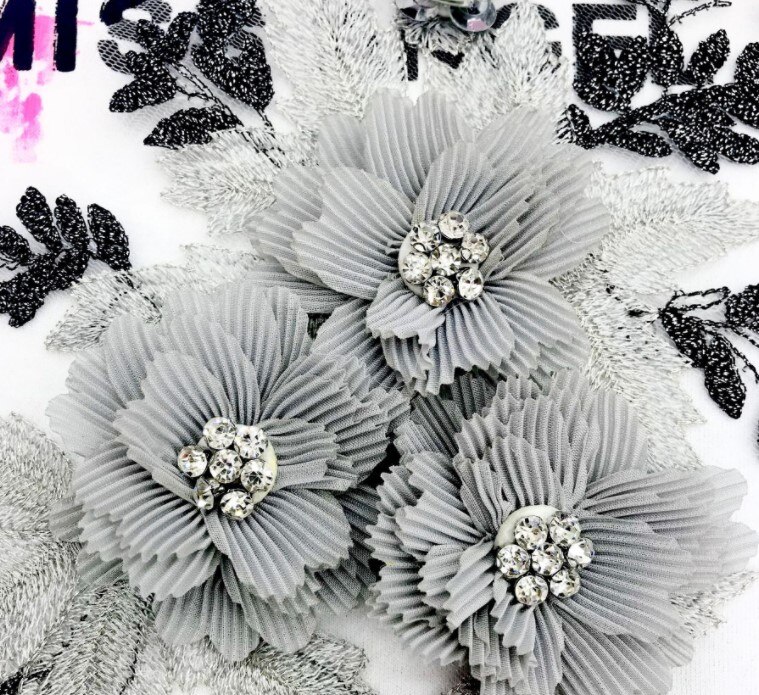 Kralen 3d zilveren bloemen borduurwerk halslijn kant applicatie kant kraag afwerking jurk stoffen materiaal diy kant patches