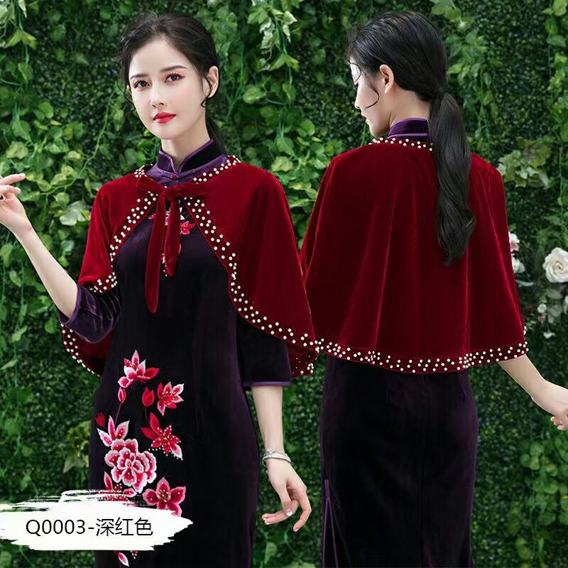 Capa de terciopelo para vestido de madre, chal negro para boda, con perlas