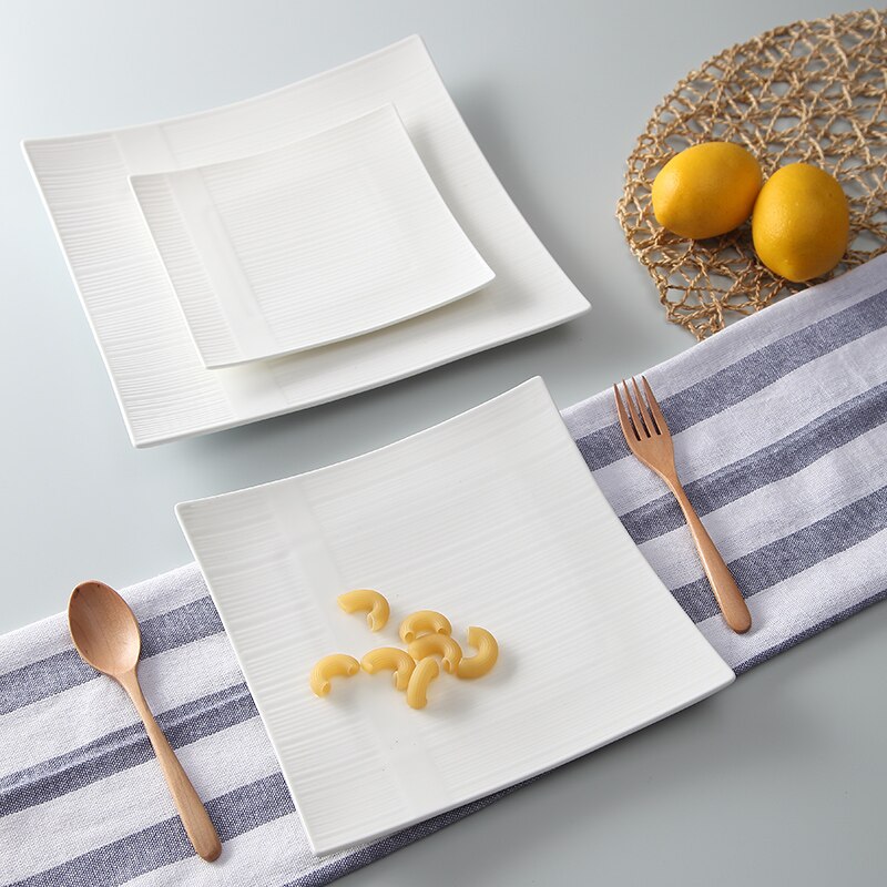 3pcs set, 6+8+10inch, plain white embossed porcelain charger plates for dinner, ceramic platter, square serving plate, salad