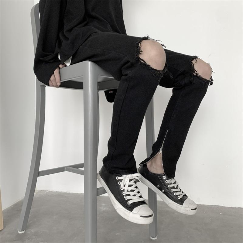 Pantalones vaqueros BANNAJI de estilo Punk para hombre, pantalones vaqueros góticos ajustados con agujero en la rodilla y cremallera en el tobillo rasgados negros para hombre