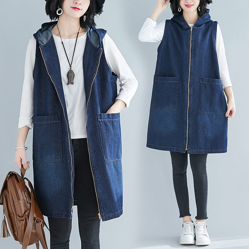 Chaleco vaquero largo sin mangas para mujer, chaqueta vaquera con capucha, Tops de talla grande coreana, r126, Otoño,