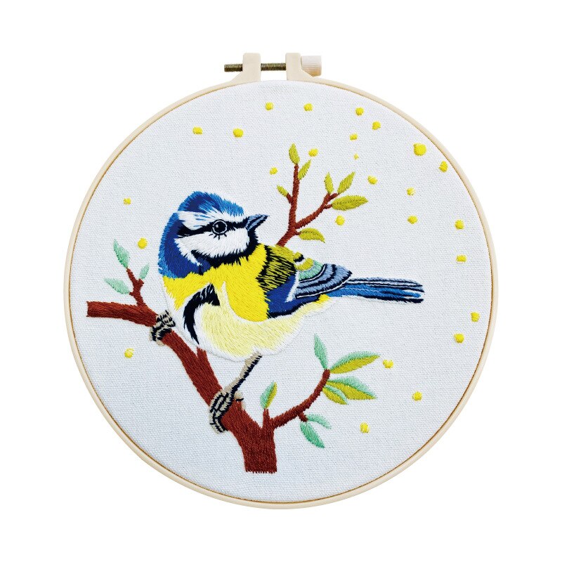 Blue Sparrow Embroidery Kit DIY Needlework Hummingbird Pattern Needlecraft for Beginner Cross Stitch(With Hoop)