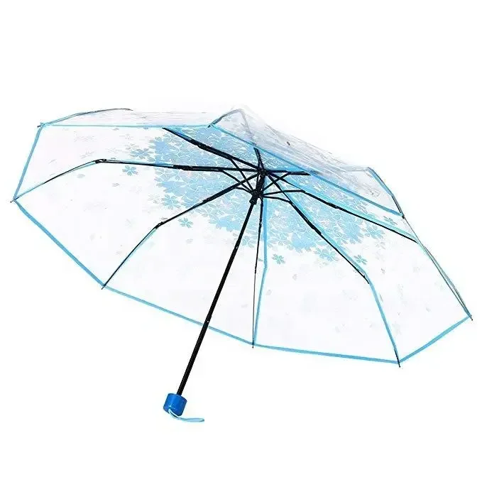 Korean Umbrella Folding Cute Korean Mini Fresh Simple Sen Series Trifold Cherry Blossom Transparent Japanese Umbrella: Blue