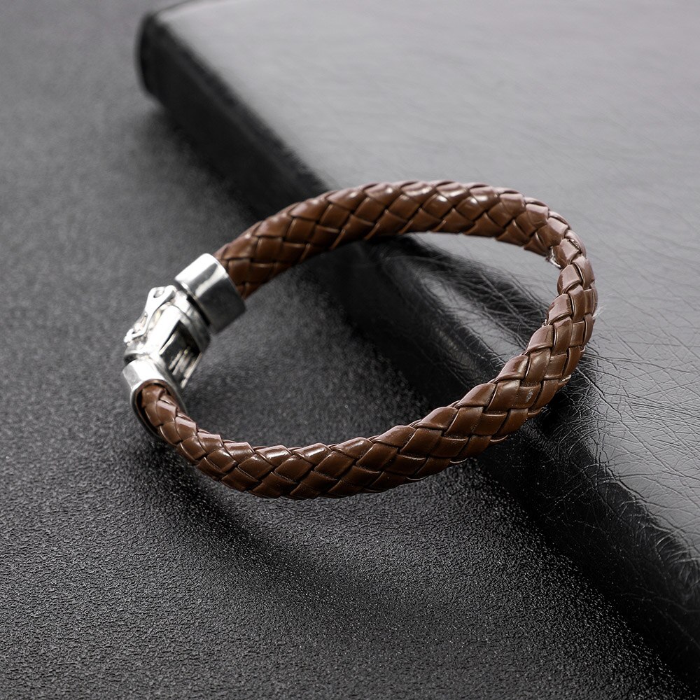 925 Silver color Men Jewelry Buddha Bracelet Wristband Punk Black Braided Leather Bracelet for Men Safty Clasp Bangles: E / 18.5cm