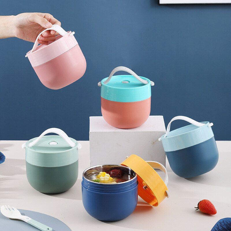 Portable Soup Cup Lunch Box Stainless Steel/Plastic Thermos Mug Food Container Thermal Cup Vacuum Bento Box With Spoon For Kids