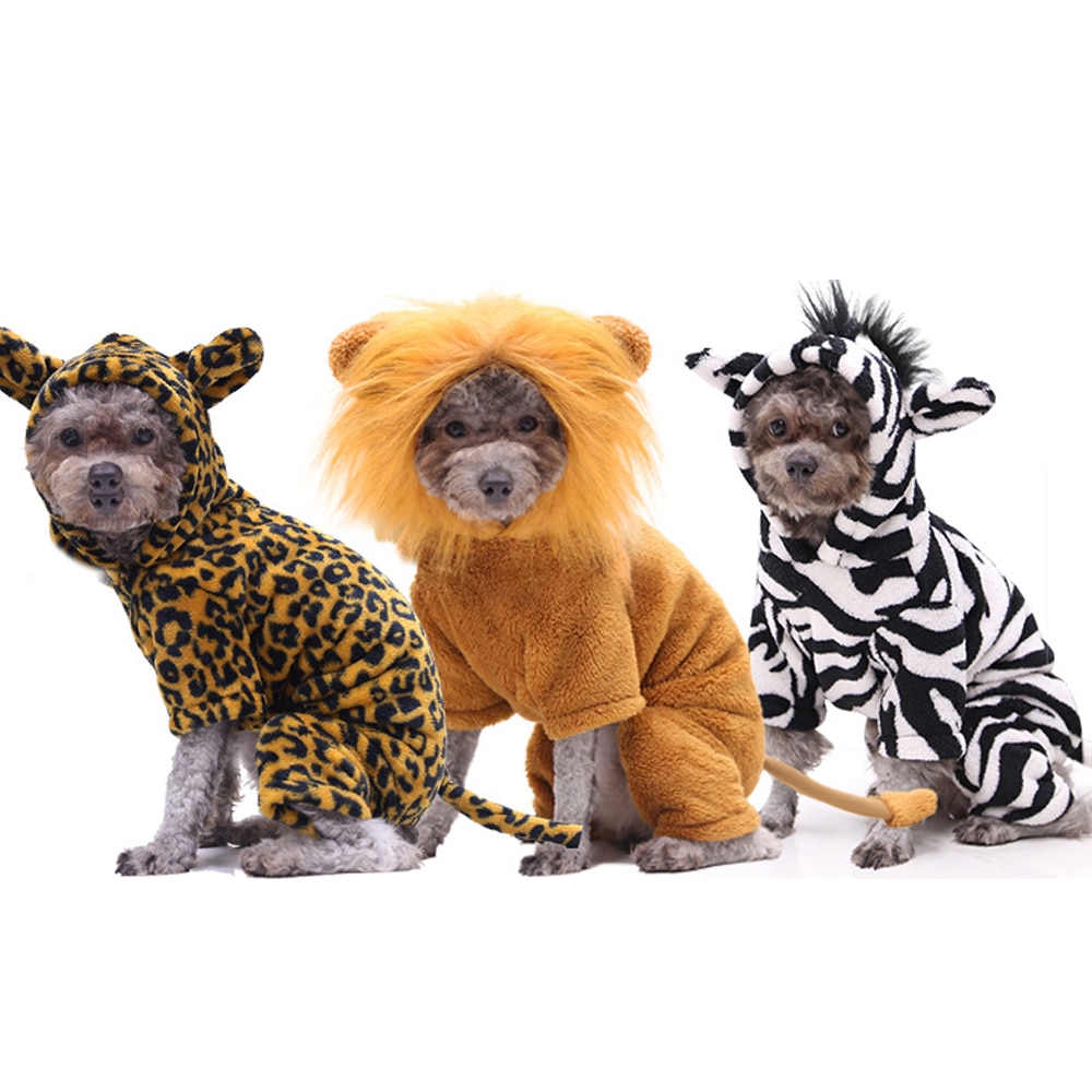 Hund løve outfit kostume sjovt halloween kæledyr festtøj til lille hund koral fleece cosplay leopard zebra kat yorkies tøj