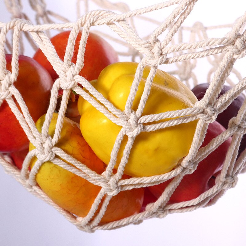 Home Kitchen Storage Baskets Wood Stick Holding Fruit Vegetable Hanging Hammock