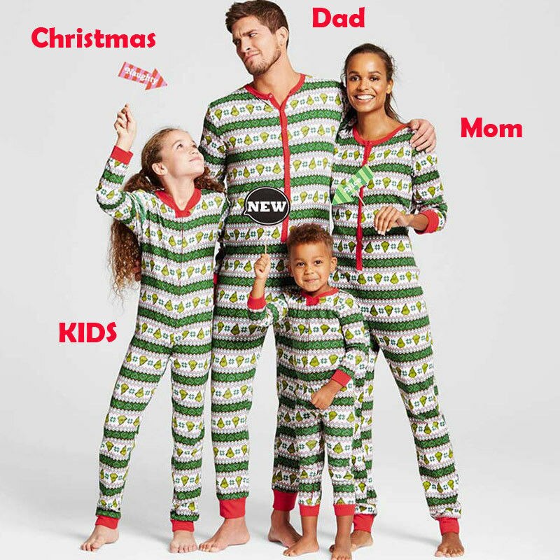 Familie matchende julepyjamas jumpsuit stribe jule nattøj nattøj