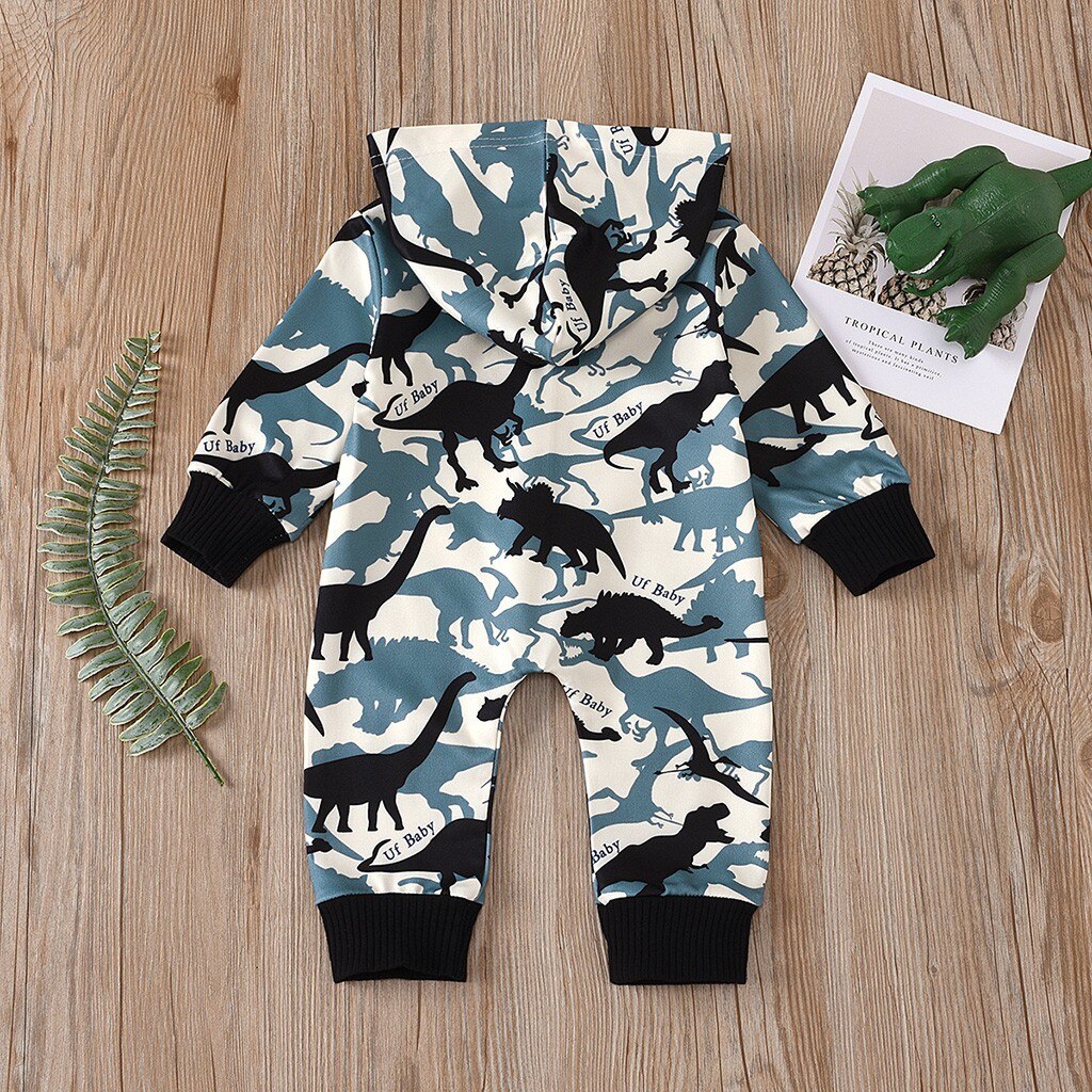 Mode Pasgeboren Baby Baby Jongens Meisjes Lange Mouwen Dinosaurus Gedrukt Hooded Rits Romper Jumpsuit Speelpakje Outfits Kleding # P4