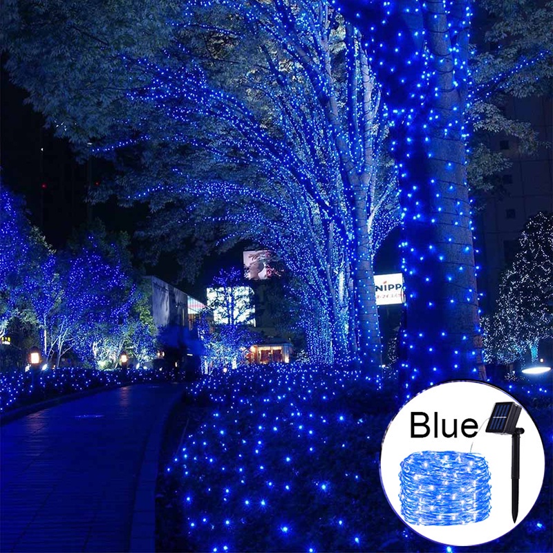Guirnalda de luces LED solares para exteriores, guirnalda impermeable para decoración de jardín, 8 modos de luz de alambre de cobre para calle, Patio, Navidad: Azul / 650 vatios