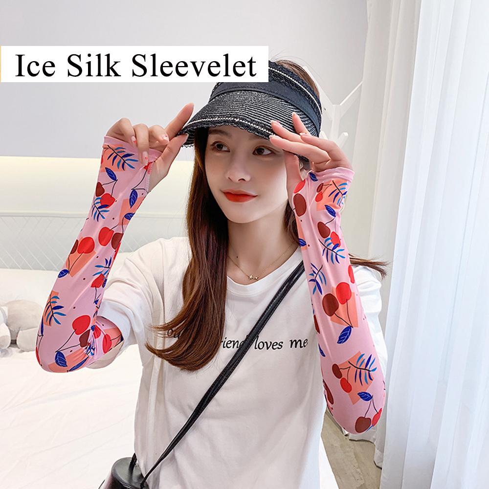 Dames arm mouwen ijs zijde koud fruit bloemen print zonnehandschoenen halve vinger auto armwarmers sport zonnebrandcrème mouw