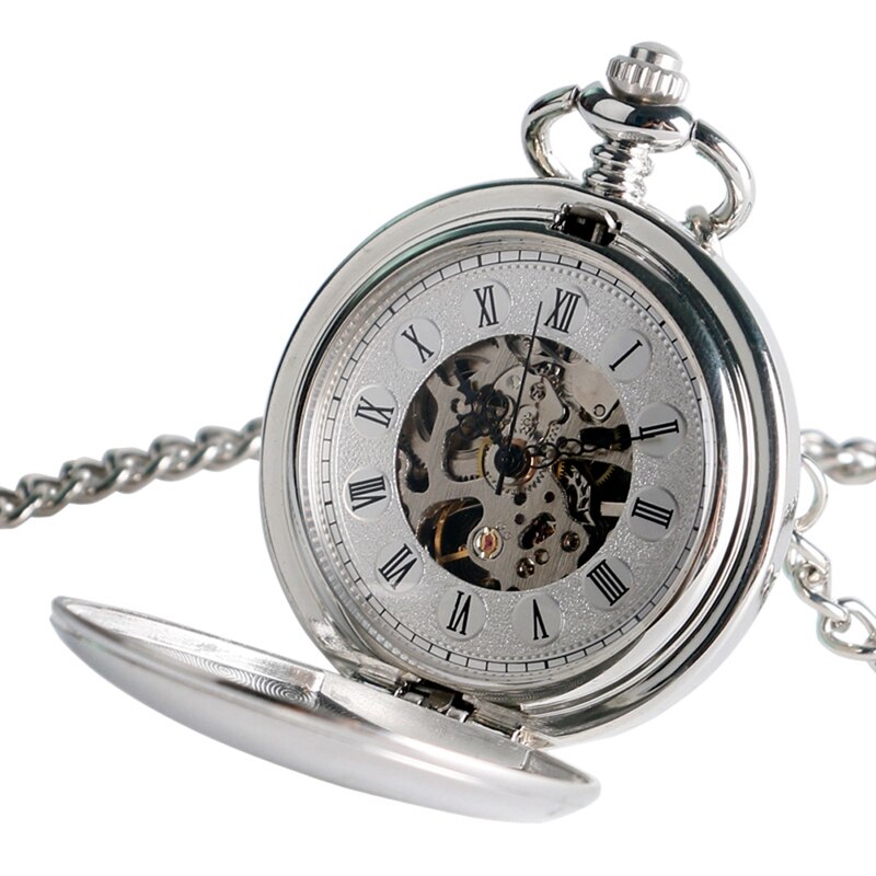 Classic Silver Pocket Watch Smooth Hand-winding Mechanical Double Hunter Pendant Watches Neckalce Chain Accessory relogio Montre