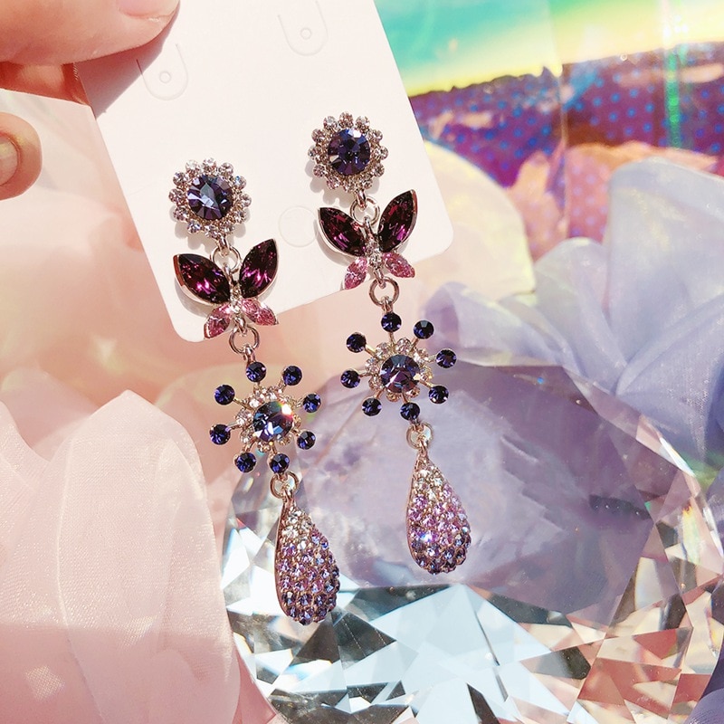 Mengjiqiao Koreaanse Luxe Kristal Vlinder Dangle Oorbellen Voor Vrouwen Meisjes Elegante Bloem Mode Partij Sieraden