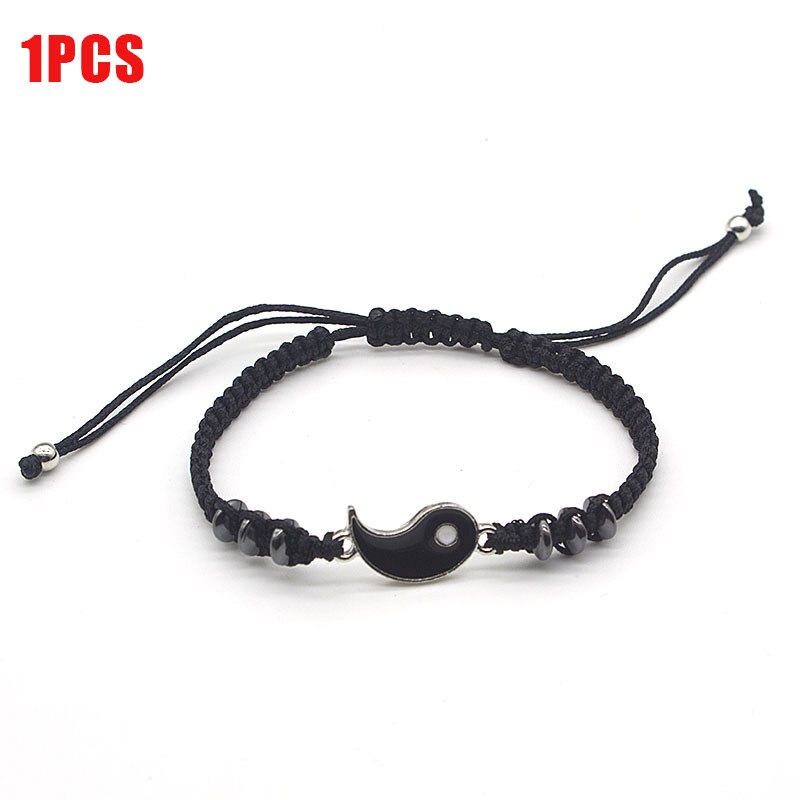 Set di collane per bracciali coppia Tai Chi cinese Fengshui porta fortuna cordoncino di cuoio bracciale intrecciato ciondolo in lega regalo braccialetto intrecciato: Black Silver Color