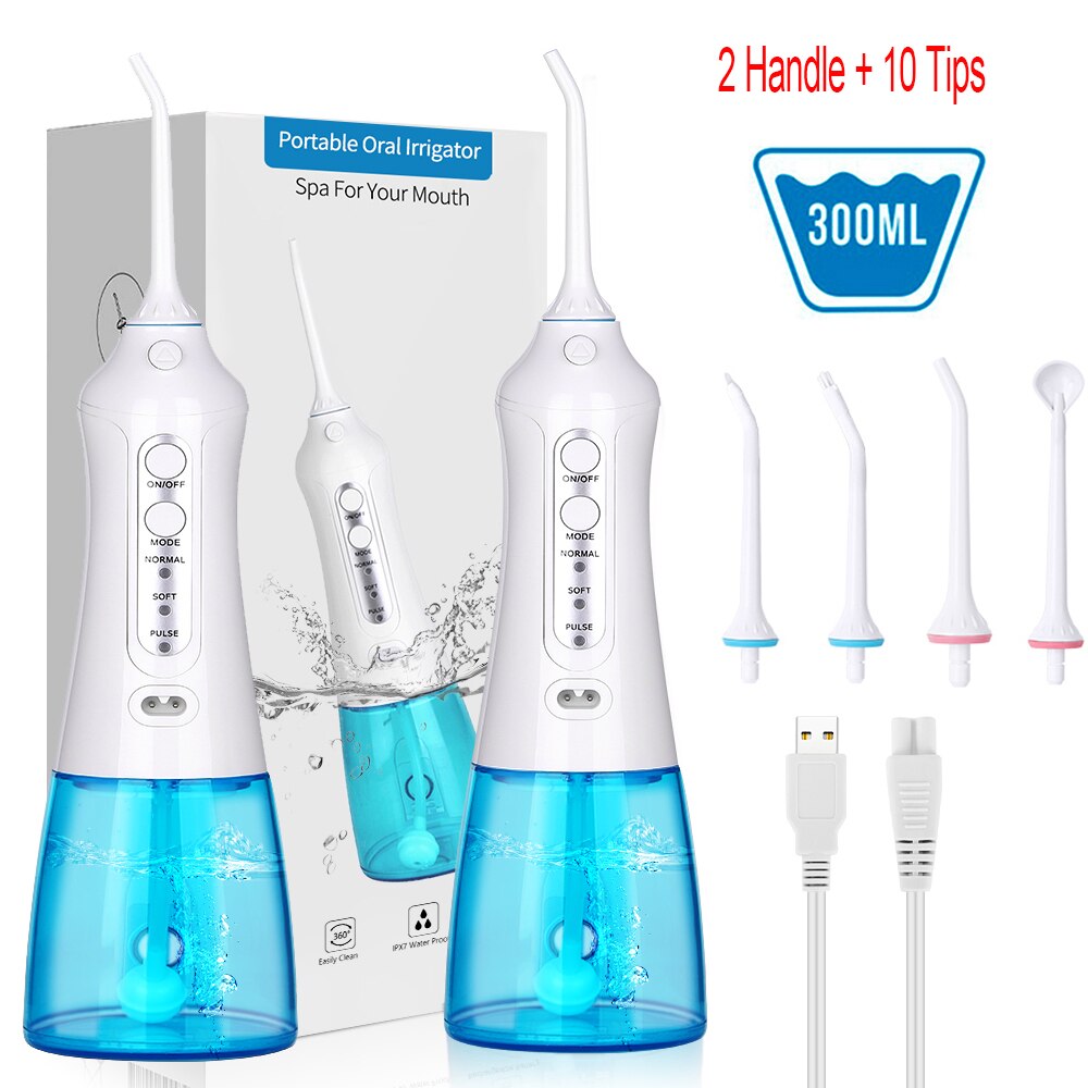 Oral irrigator bærbar vann tanntråd usb oppladbar vanntråd tannrenser 5 moduser ipx 7 vanntett: 2 håndtak med 10 tupp