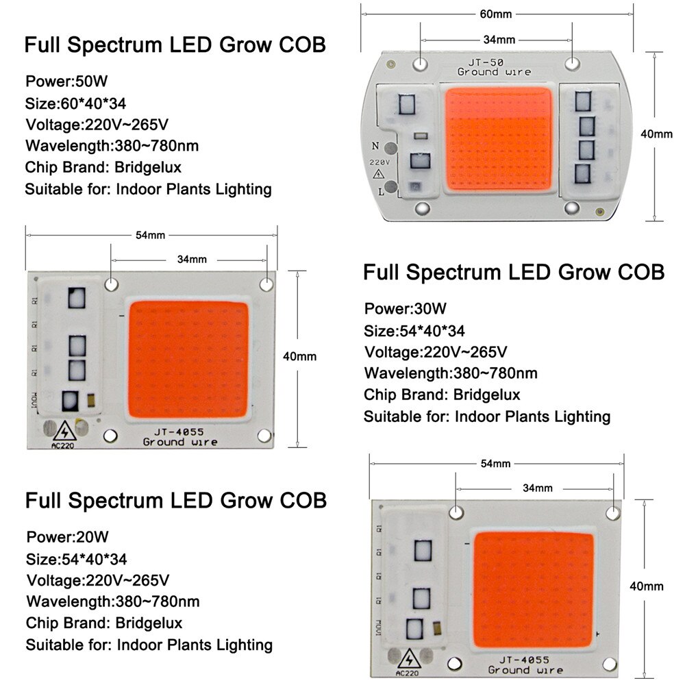 1Pcs Led Chip Ac 220V 20W 30W 50W Cob Led Grow Light Chip Volledige Spectrum 370nm-780nm Voor Indoor Plant Zaailing Groeien En Bloem