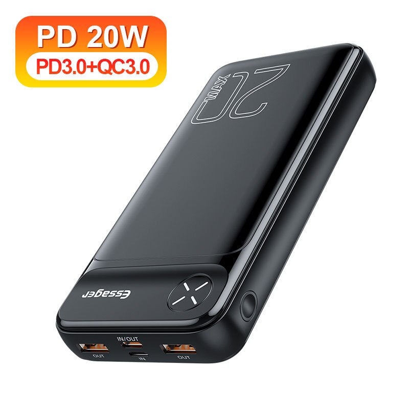 Essager – chargeur de batterie externe portable, 20000 mAh, 20000 mAh, Powerbank PD 20W, charge rapide pour iPhone: PD QC 3.0 Black