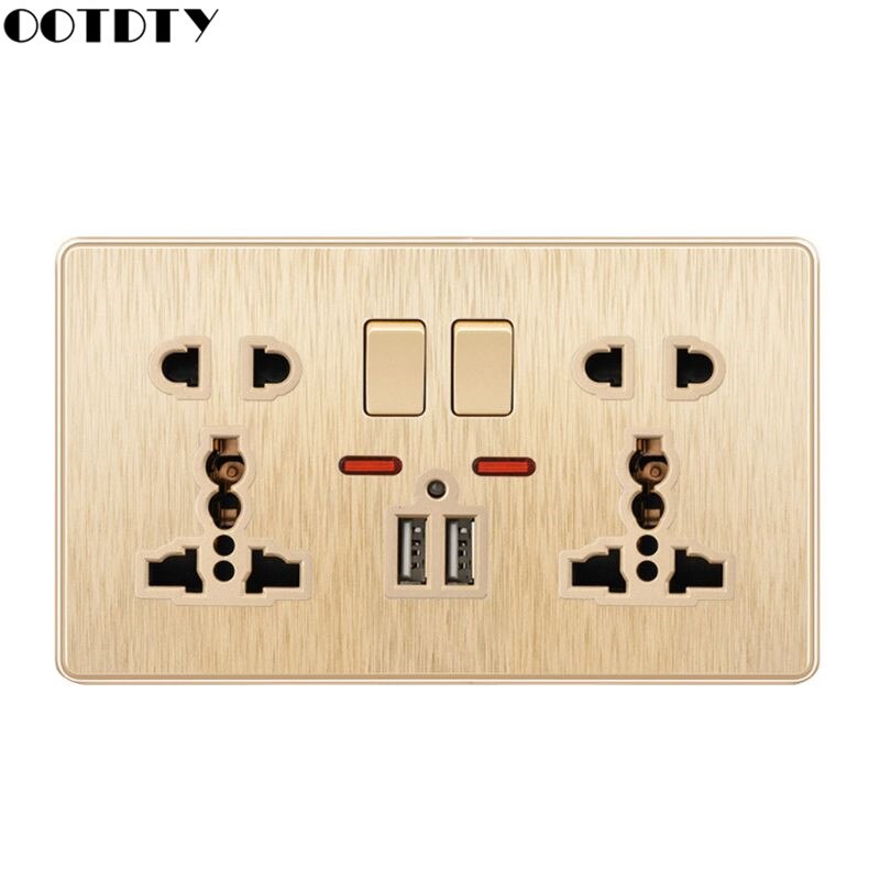 Multifunction UK 13A Wall Socket Push Button 2.1A Double USB Charging Ports: Gold