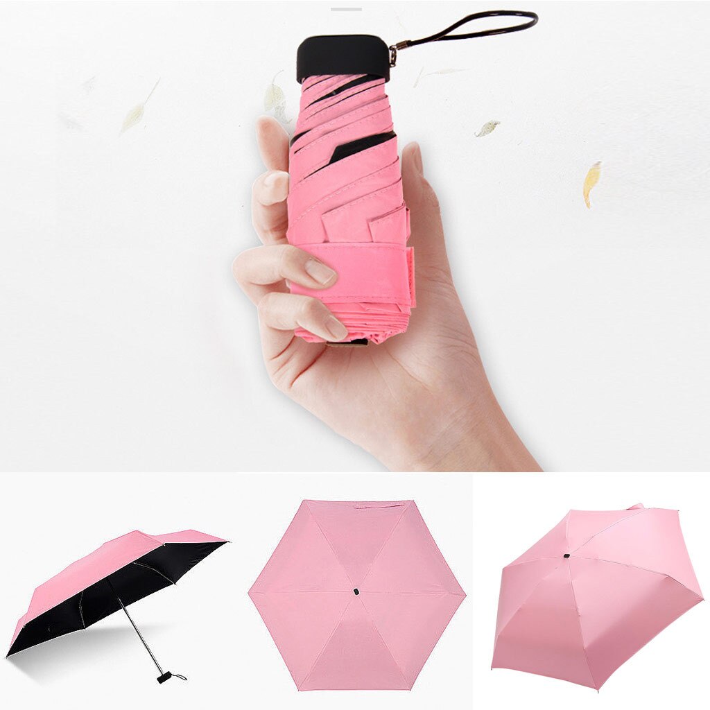 Parasol flad letvægts paraply parasol foldning sun mini 5 foldning ultra let foldbar paraply uv beskyttelse: Lyserød