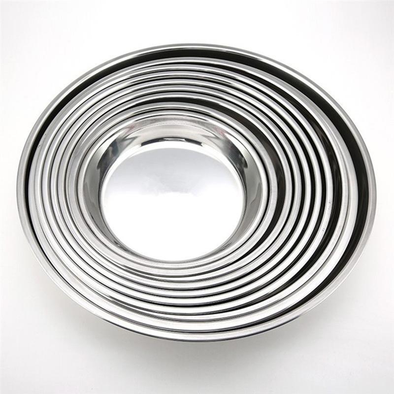 Plato redondo plano no magnético de acero inoxidable plato portátil plato para fruta pastel bandeja para hornear (24CM/26CM/28CM/30CM, Plata)