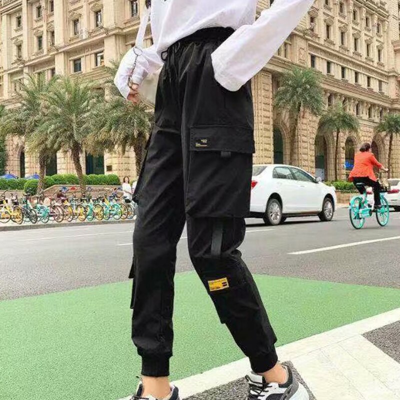 Black Cargo Pants Big Pockets Women High Waist Loose Streetwear Pants Baggy Trouser HipHop Joggers Pants