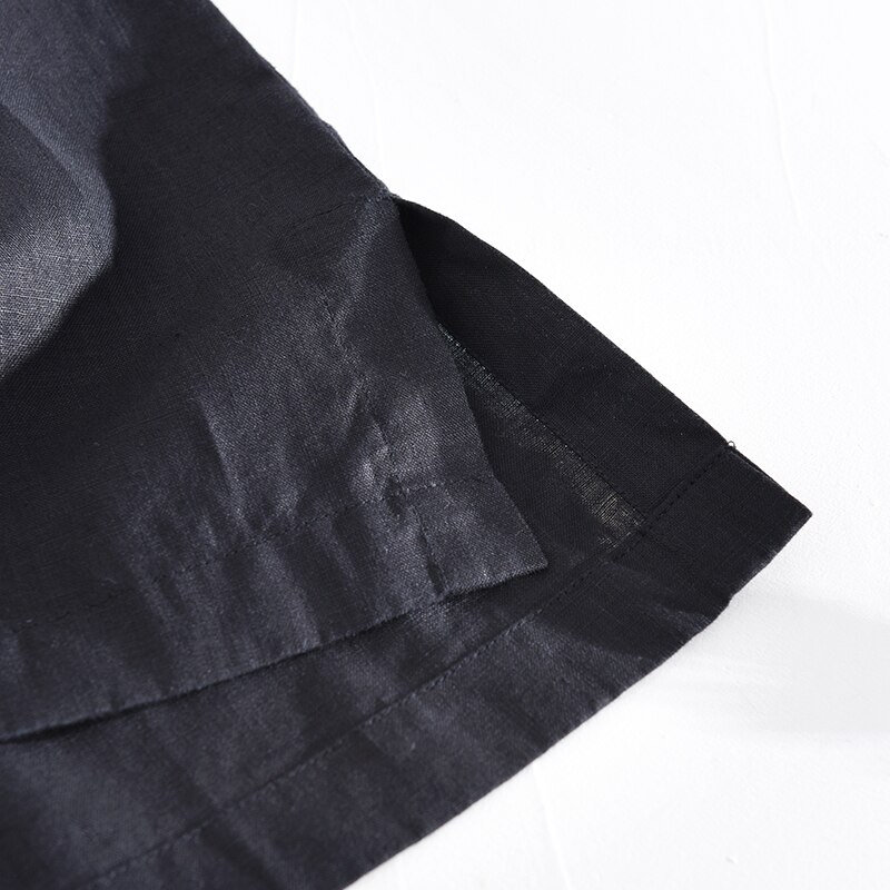 Retro contraste cor costura manga curta 100% puro linho camisa masculina casual arte magro ajuste preto roupas y2621