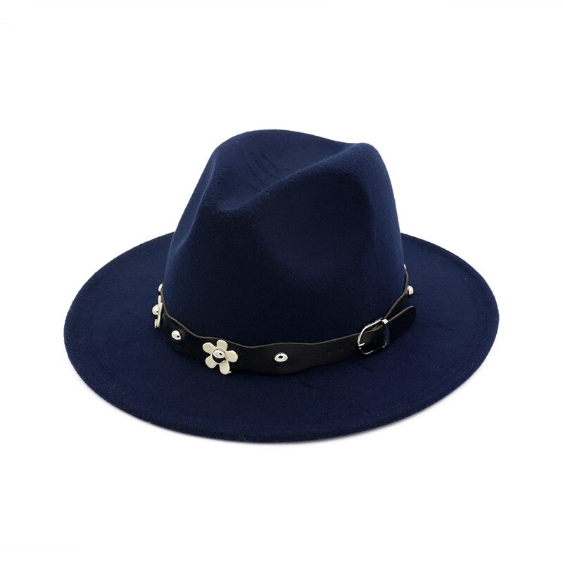 QBHAT European US Classic Wool Felt Fedora Trilby Hats Wide Brim Hat Autumn Winter Women Jazz Formal Cap Casual Gambler Hat: navy