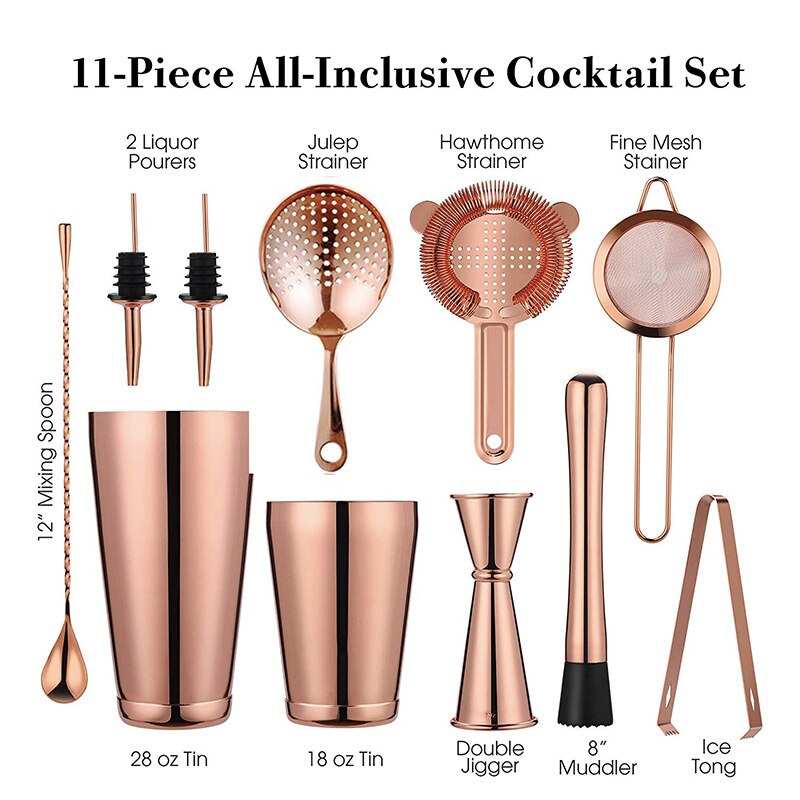 11-Piece Cocktail Shaker Bar Set Weighted Boston Cocktail Shakers, Strainers, Double Jigger, Muddler &amp; Spoon, Ice Tong Pourers: Copper