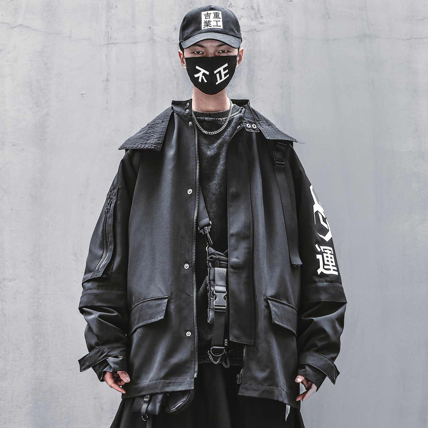 Techwear – veste Kanji à capuche pour homme, Streetwear japonais, coupe-vent, à la