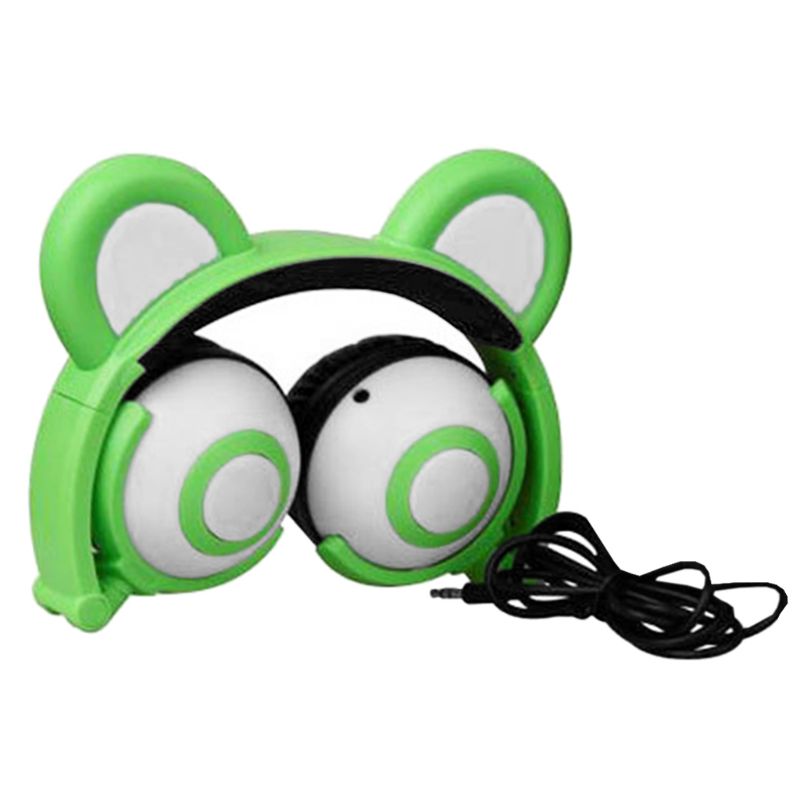 Cute Bear Ears Headset Adjustable Head-mounted LED Light Headphones Foldable Rechargeable Music Boys Girls Earphones: Green