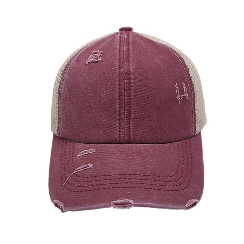 Women Distressed Washed Mesh Baseball Cap Leopard Camo Ponytail Band Trucker Hat