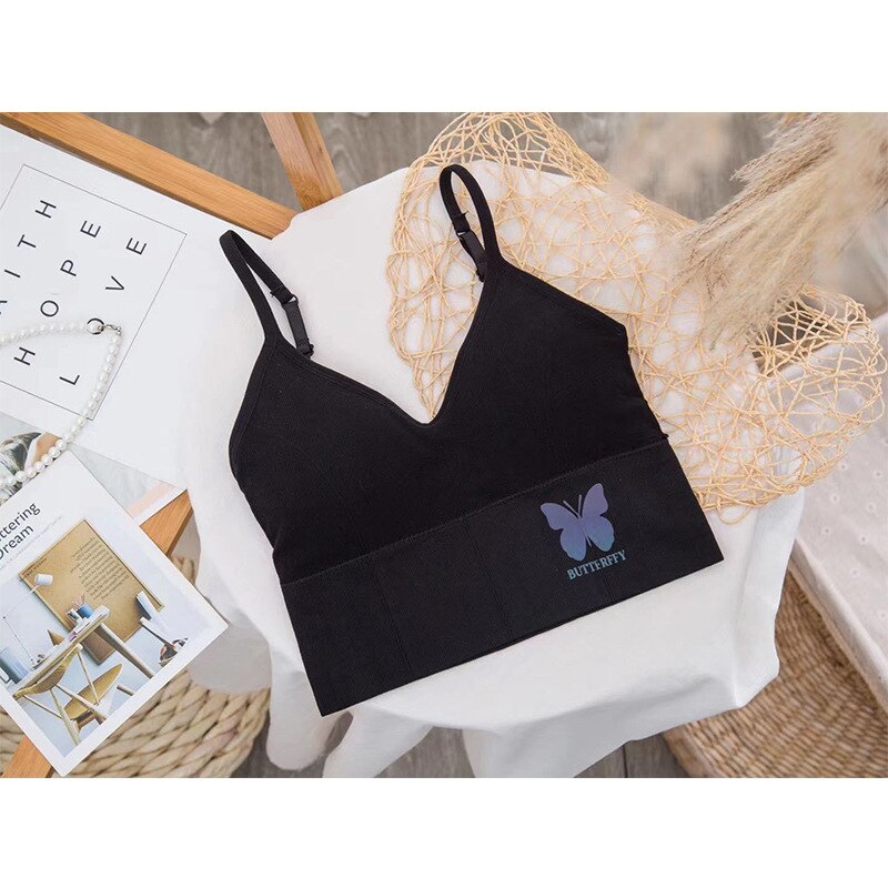 Women Tank Crop Top Seamless Underwear Crop Top Female U Back Short Tops Women Sexy Strap Silk Smooth Plunge Bralette: black