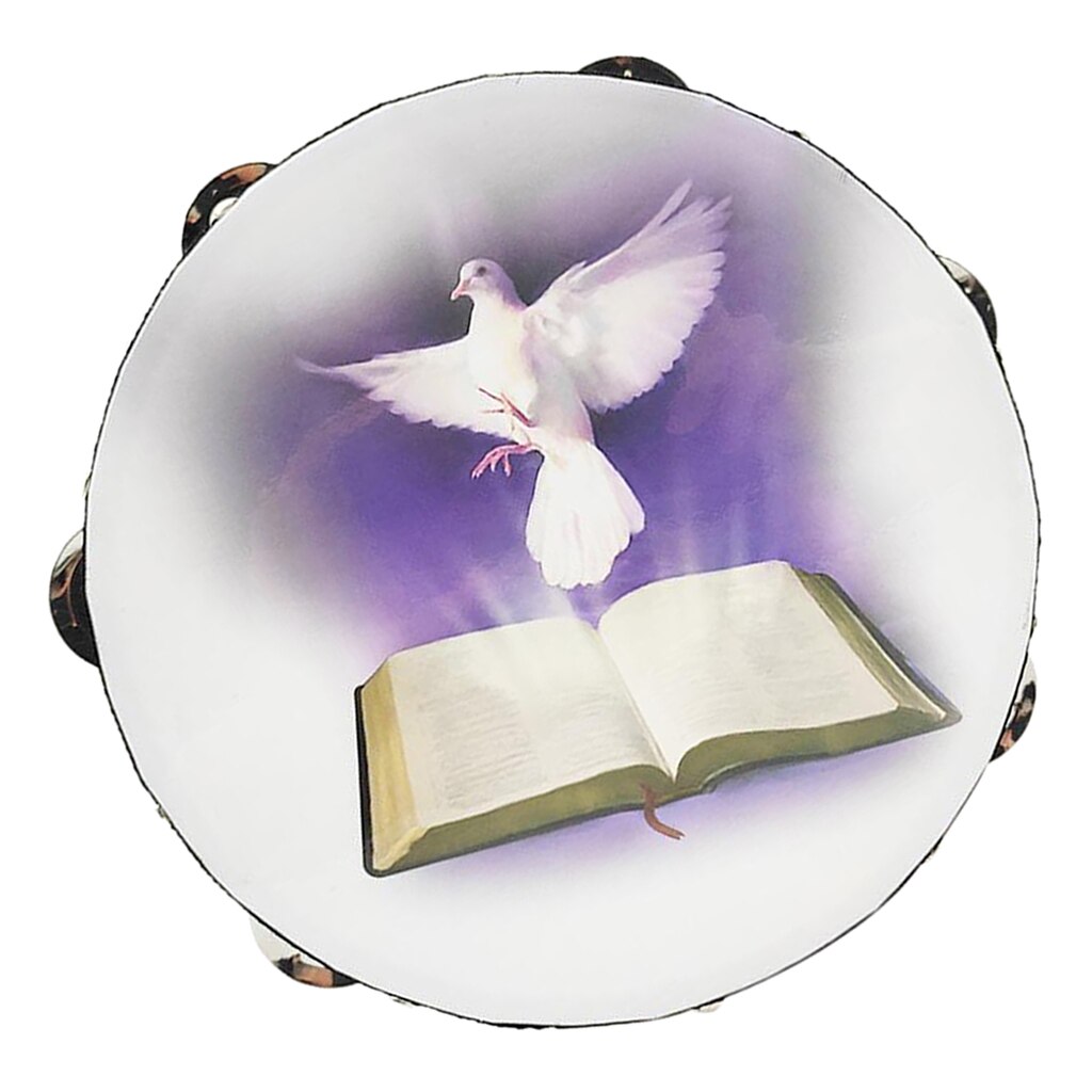 8 zoll Holz Handheld Tamburin Zweireihig, Tamburine mit Jingle Glocken & Bibel Muster