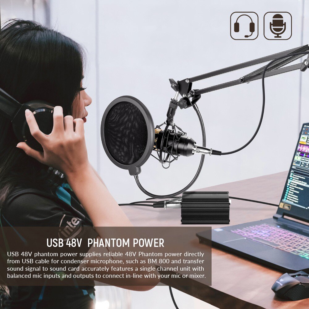 48V Portable Phantom Power Condenser Microphone Studio Recording Karaoke Supply Plug Audio Adapter Recording Studio Equipment