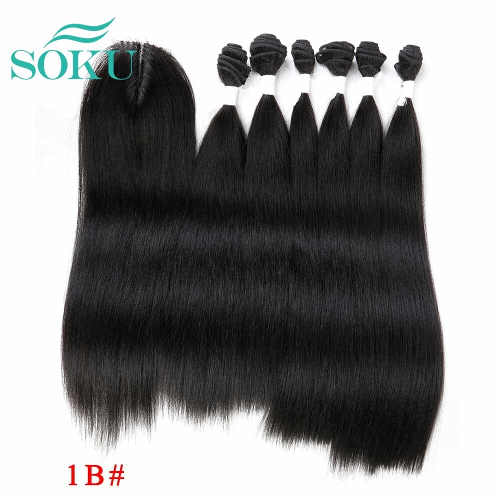 Ombre Bruin Yaki Rechte Synthetisch Haar Bundels Met Sluiting 14-18Inch Soku Hoge Temperatuur Fiber Bundel Haar weven