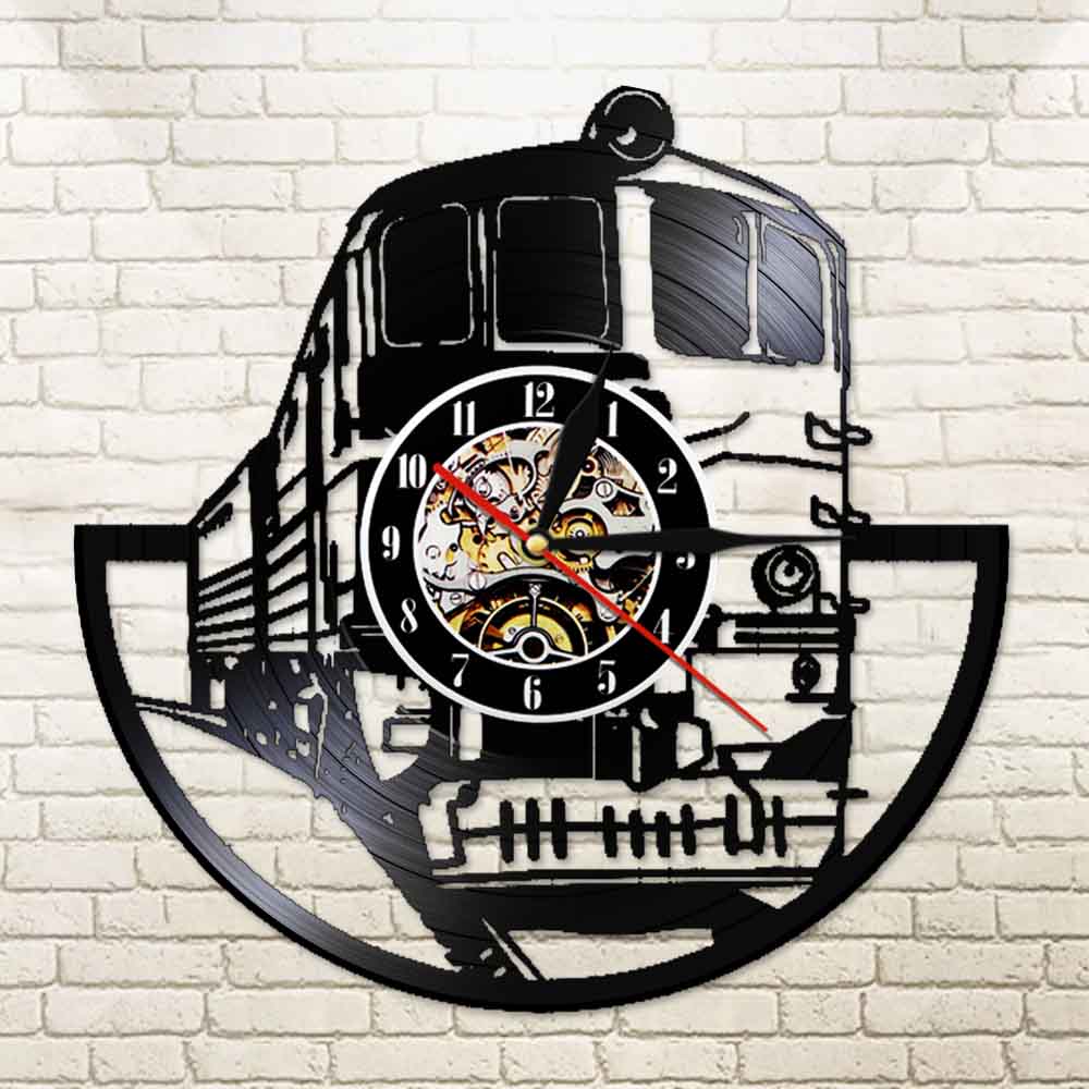 Tren cortado Longplay reloj tren transporte ferrocarril vinilo registro pared lámpara Vintage 3D Reloj de pared de cuarzo Satt