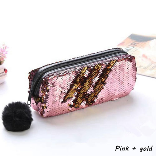Estuche para lápices con lentejuelas para niñas, material escolar, estuche para lápices con bolas de pelo, caja de lápices Estuche para escolar: Pink plus Gold