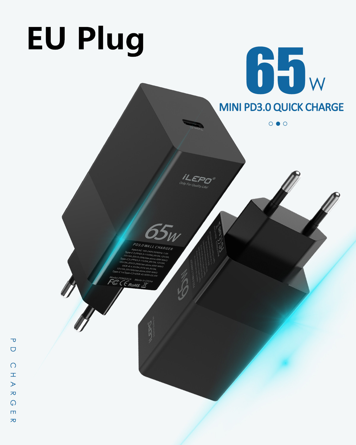 Travel 65W GaN USB C PD MagSaf* Power Adapter Fast Smart Mobile Phone Quick Charger For Laptop Macbook iphone Xiaomi Huawei: EU 65W GaN Charger