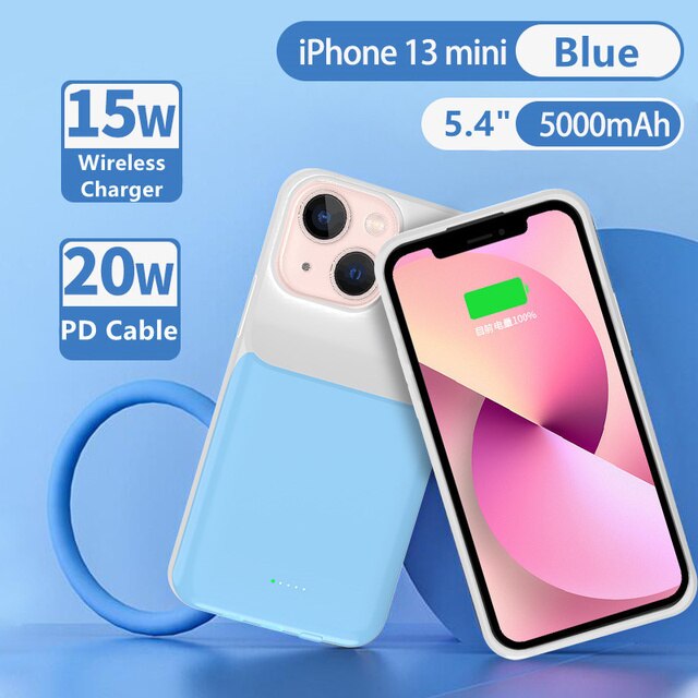 Backup Powerbank Cover Voor Iphone 13 Pro Max 13 Mini Draadloze Opladen Batterij Charger Cases Externe Batterij Snel Opladen Case: 13 mini Blue