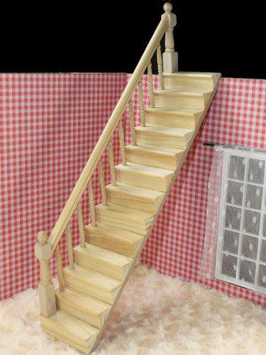 Kuulee 1:12 Dollhouse Pre-Assembled Staircase Wooden Stair Stringer Step with Left Handrail