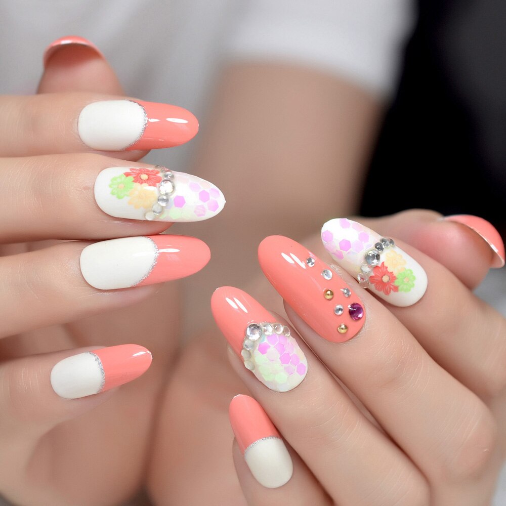 Long rond français acrylique faux ongles blanc Orange fleur faux ongles avec strass décoration presse sur ongles Z949