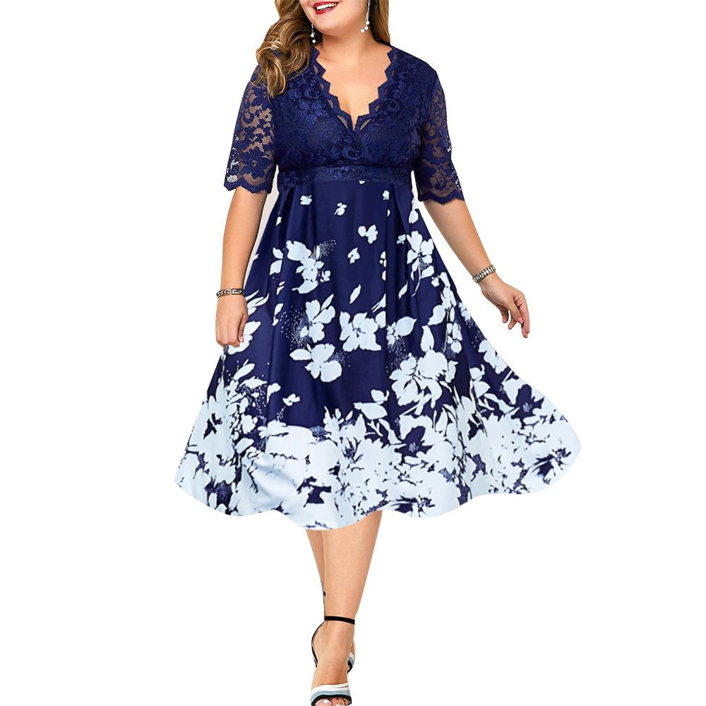 5XL 6XL Vrouwen Plus Size Kant Stiching Jurk Sexy V-hals Bloemen Printing Een Lijn Jurk Blauw Vrouwelijke Grote size Party Vestidos
