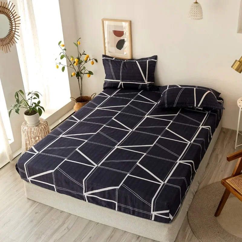 Polyester Print Fitted Sheet with Elastic Band Non Slip Mattress Cover Pillowcase for Single Double Bed 90/120/150/180cm: 180cm*(range 200-220)cm / VIOLET/紫罗兰