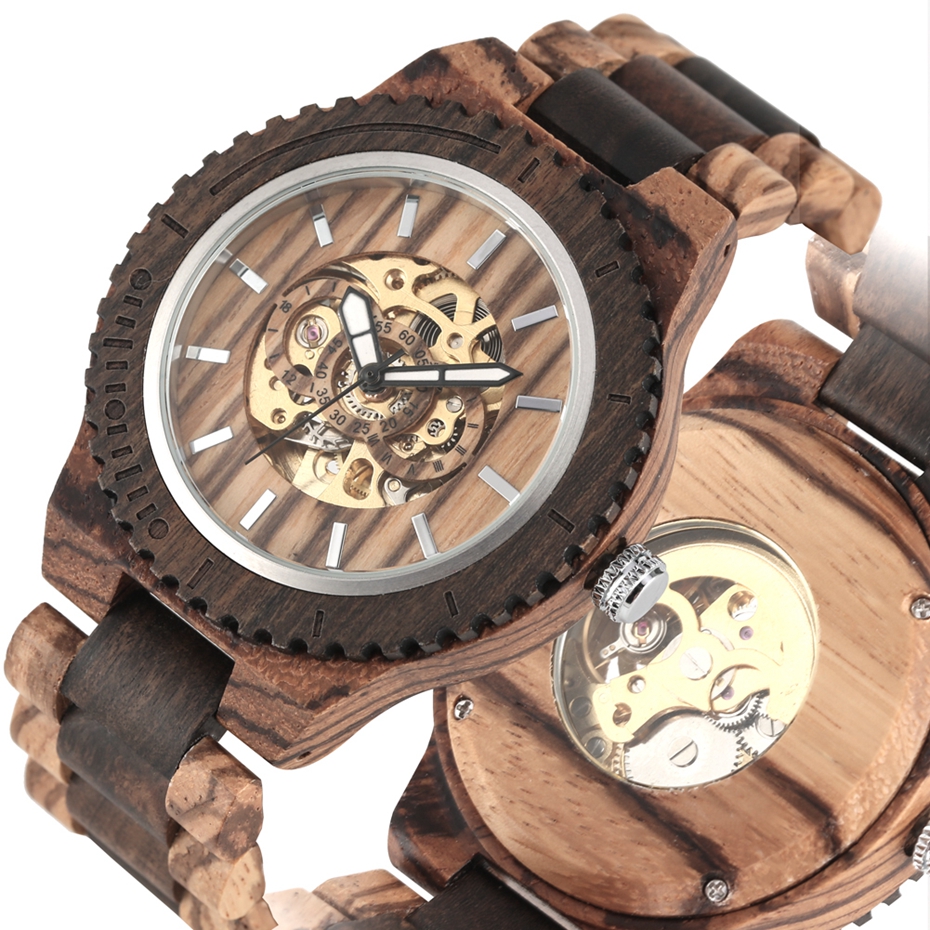 Holz Uhr Männer Automatische Mechanische Uhren Jahrgang voll Holz Band Herren Uhren oben Luxus Uhren reloj hombre: Zebra Holz