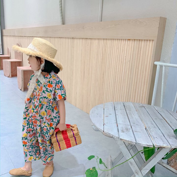 Macacão infantil para verão, roupas florais para meninas, macacão casual japones e coreano para bebês e crianças 2020