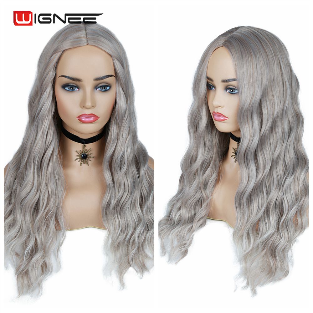 Peluca sintética Wignee largo ondulado gris ombré resistente al calor para mujer, rubia marrón/Cosplay gris Americano/pelucas de pelo Natural para