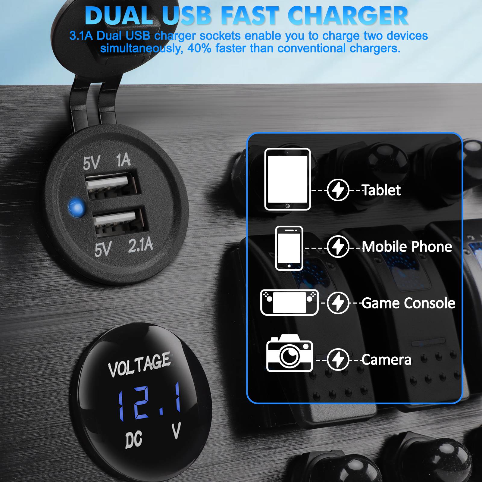10- gangs bryterpanel vippebryterpanel med 3.1a doble usb-lader + voltmeter for bil, båt, campingvogn