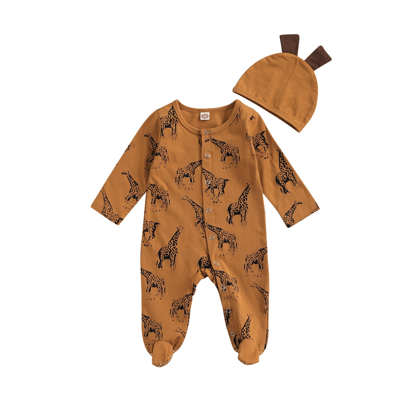 Emmababy-Conjunto de primavera para bebé de 0 a 6 meses, conjunto de 2 uds. De café/blanco, dibujo de jirafa, Footie de manga larga + gorra de cuernos, traje para recién nacido: A / 6 meses